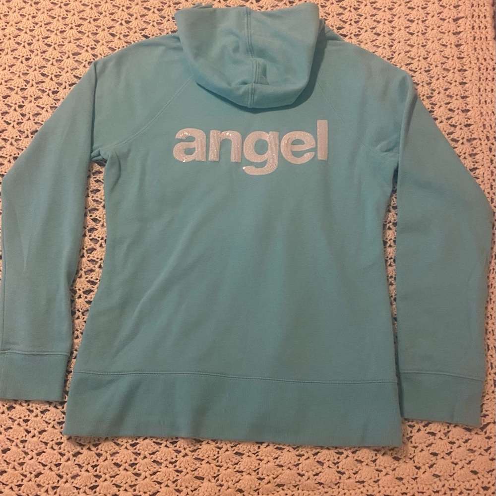 Victoria’ Secret zip up hoodie, Angel on back, color:Tiffany Blue, size L